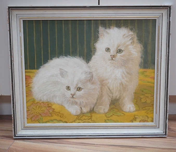Elise Thompson (20th. C), oil on canvas board, Study of two cats, signed and dated 1932, 44 x 54cm. Condition - fair to good, a little dirty